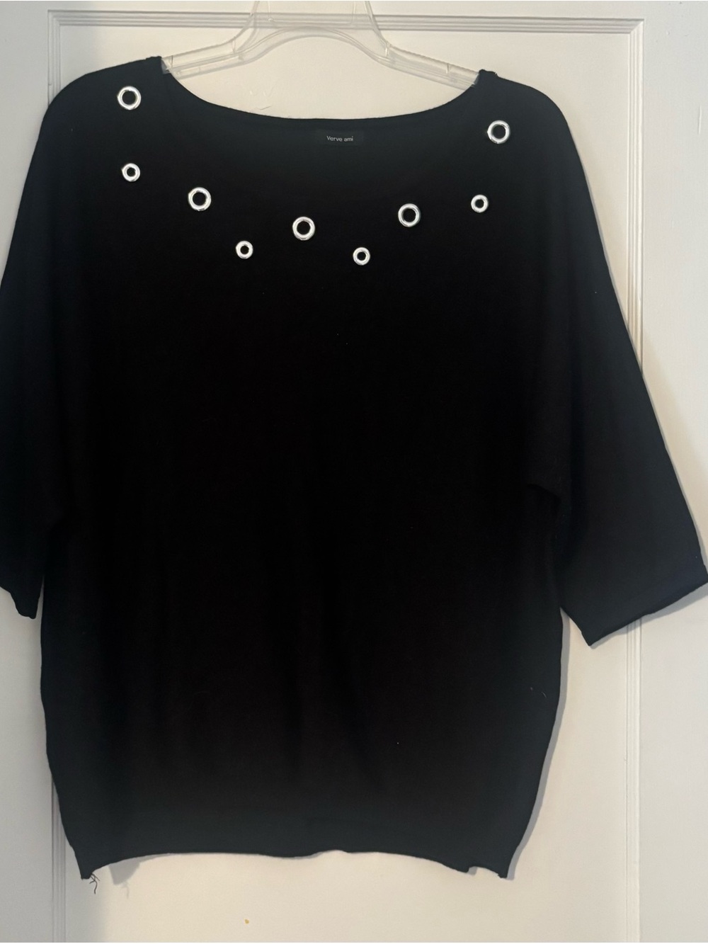 Black Crewneck Sweater with Silver Eyelet Detail - Womens